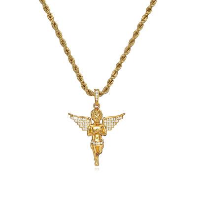 China Hiphop 14K Gold 3A Zircon Necklace Hip Hop Jewelry Bling Jesus Piece Angel Charm Chain Praying Angel Hands Pendant Necklace for sale