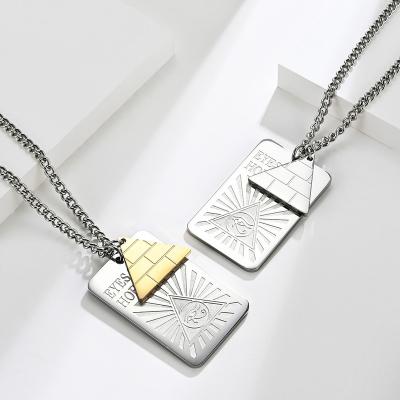 China Hot Selling Hiphop Stainless Steel Horus Eye Pyramid Gold Rectangle Pendant Jewelry Stainless Steel DogTag Pendant Necklace For Street Boy for sale