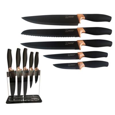 China Disposable Black Color Chef Slicer Bread Salad Knives Non-Stick Kitchen Knife Set With Acrylic Block for sale