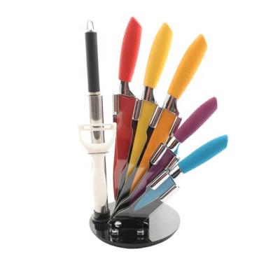 China Sustainable 8pcs Color Coating Knife Set Ceramic Acrylic Block Peeler Knife Set for sale