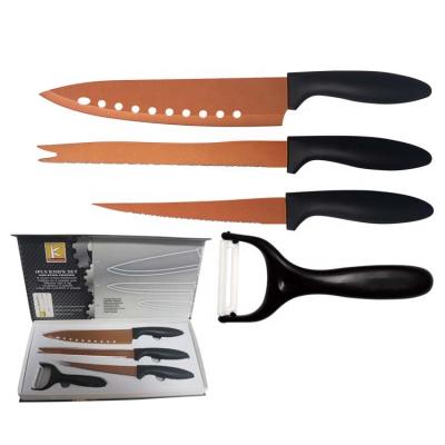 China Disposable Amazon Hot Selling Stainless Steel Kitchen Knives Steak Frozen Meat 3pcs Copper Color Chef Knife Set for sale