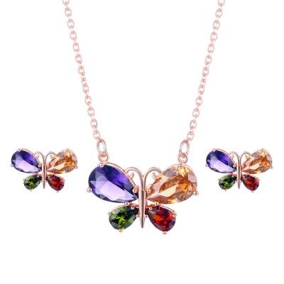 China Office/Career Rosary With Colorful Crystal Zirconia Butterfly Necklace Earrings Set for sale