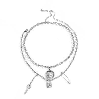 China TRENDY Multi Layer Silver Lock and Paperclip Key Initial Natural Beaded Necklace for sale