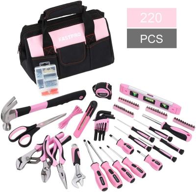 China Lady Household Repair 220-Piece Home Repairing Tool Kit With Open Mouth 12-Inch Wide Storage Tool Bag for sale