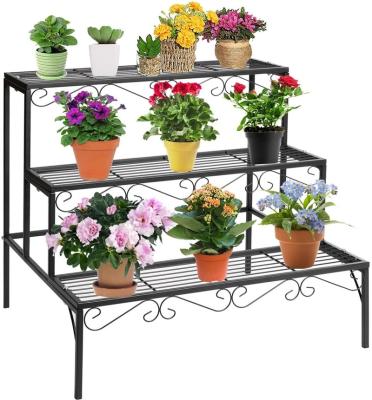 China Black American Style 3 Tier Staircase Style Metal Plant Stand Garden Shelf For Large Flower Pot Display Rack Indoor Outdoor for sale