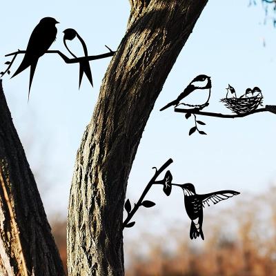 China Garden Decoration Metal Bird Silhouette Steel Wall Art Decor Birds On Branch Metal Bird Statue Stake for sale