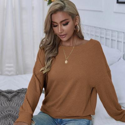 China V Shape Waffle Top Ladies Round Back-Open Long Sleeve Boat Neck Women Blouses Workable Knit for sale