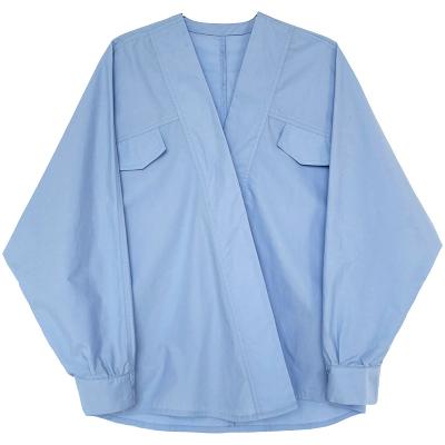 China Breathable French Casual Graceful Fashion Long Sleeve Envelope V Neck Batwing Button Wing Pocket Elegant Sugar River Blouse for sale