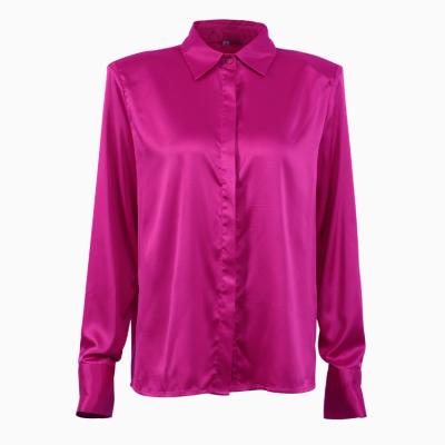 China Fashion Breathable Button Hidden Placket Casual Satin Long Sleeve Solid Blouse for sale