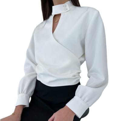 China Breathable Spring V Neck Stand Collar Wrap Collar Long Sleeve Pleat Fashion Casual Blouses For Women for sale