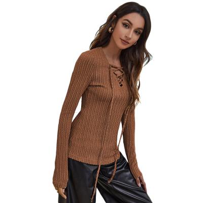 China Casual Long Connection V-Neck Cross Sleeve Long Sleeve Knit Ladies Tops Leisure Tight Fit T-Shirt for sale