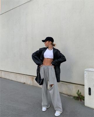 China Others Gray Loose Ins Leg Rib-knit Pants Drawstring Waist Sweatpants for sale