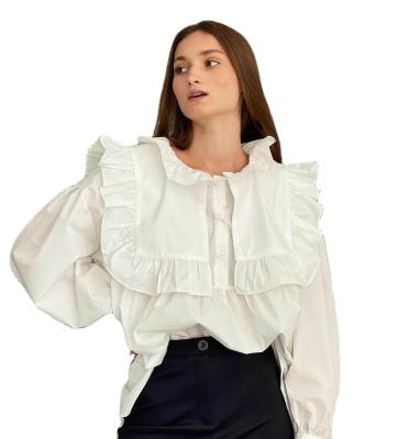 China Breathable French Romantic Solid White Ruffled Princess Look Long Sleeve Ladies Loose Shirts For Women for sale