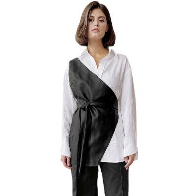 China Breathable Solid White Age-Reducing Simple Long Sleeve Women Shirts With Black PU Vest Wrapped Shirts For Women for sale