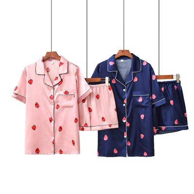 China Summer Casual Large Size Women Strawberry Lapel Shorts Silk Sleeve Shorts Loose External Wear Ladies Silk Pajamas for sale