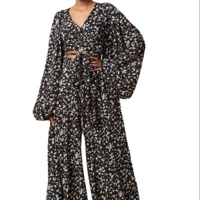 China Leopard Printing Co Ord Breathable Casual Ladies Breathable Long Sleeve Plus Size Loose Wide Leg Pants Women Pants Two Piece Set for sale