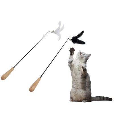 China Factory Retractable Fishing Rod Cat Handle Riddle Rod Feather Cat Toys Retractable Retractable Wooden Resistant Fun Fun for sale