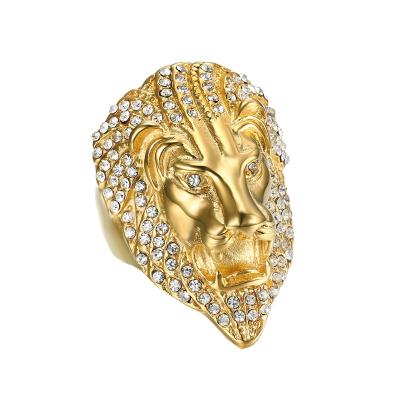 China Trendy Luxury Hip Hop Jewelry Diamond Studded Animal Head Ring Fashion Gold Iced Out CZ Lion Ring For Women Men Unisex for sale