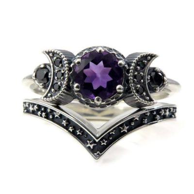 China 2022 FASHIONABLE New Black Diamond Ring Jewelry Gothic Purple Red Crystal Triple Moon Goddess Ring Fashion for sale