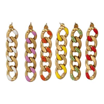 China Trendy Enamel Chain Earrings Gold Color Rainbow Color Drop Link Earrings Stainless Steel for sale