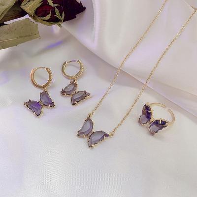 China TRENDY Purple Ring Stainless Steel Crystal Zircon Butterfly Necklace Earrings Fashion Butterfly Jewelry for sale