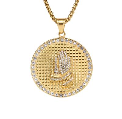 China FASHIONABLE Hip Hop Jewelry Punk Stud Studded Medal Pendant Gold Plated Diamond Studded Prayer Hand Necklace Unisex for sale