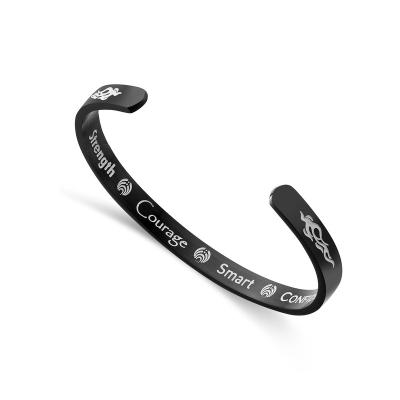 China Custom Engraved Adjustable Black Hiphop Inspirational Message Name Bangle Stainless Steel Bangles Bracelets For Family Jewelry Gift for sale