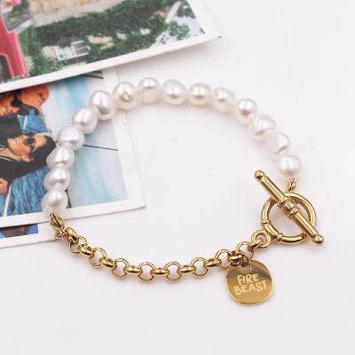 China Fashion Non-fading Belcher Rolo Chain Interlocking Toggle Jewelry Gold Plated Baroque Stainless Steel Pearl Bangle Statement Bracelet for sale