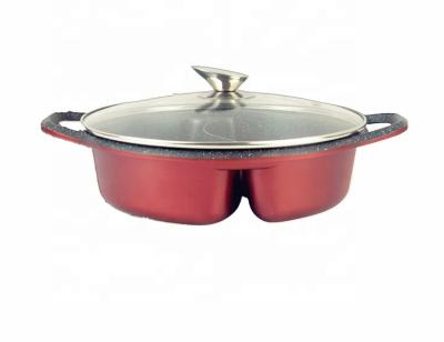 China Viable die cast aluminum hot pot 2 in 1 soup pot with good performance non stick liner with tempered glass lid hot sale item for sale