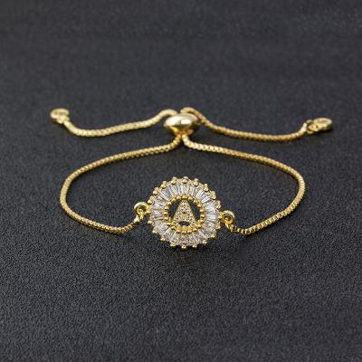 China FASHIONABLE 18k Real Gold Plated Box Chain CZ 26 Initial Letter Adjustable Bracelet 3A Zircon Letter Bracelet for sale