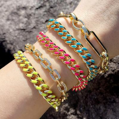 China Trendy Women Cuban Link Bracelet Women Real 18k Gold Plated 8mm Cuban Link Bracelet Colored Enamel Cuban Chain Bracelet for sale