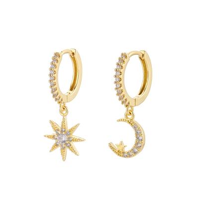 China CLASSIC Real 18k Gold Plated 925 Sterling Silver Post Moon Star Circle Hoop Earrings Brass Zircon Asymmetrical Huggie Hoop Earrings for sale