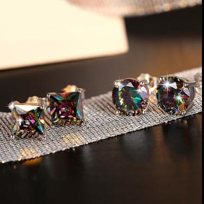 China TRENDY White Gold Plated Shiny Colorful Princess Cut Cubic Zirconia Square CZ Crystal Stud Earrings Small 7mm Round for sale