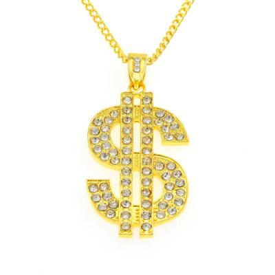 China Hiphop Men's Punk Hips Hops 18k Gold Plated Crystal Diamond Dollar Necklace Rhinestone Dollar Sign Pendant Necklace for sale