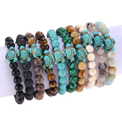 China FASHIONABLE Mens 8mm Strand Beads Natural Turquoise Stone Bracelets Elastic Turquoise Beads Turtle Bracelet for sale