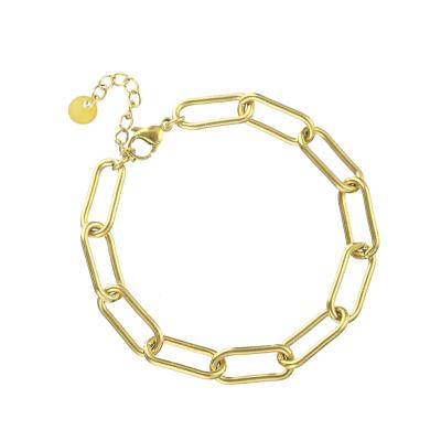 China Simple Design Women TRENDY European Gold Plated Stainleess Titanium Steel Paper Clip Chain Bracelet Recantagle Chain Bracelet for sale