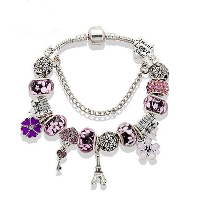 China European DIY Silver Beaded Jewelry Romantic Charm Bracelet Purple Glass Beaded Enamel Flower Charm Bracelet Crystal Heart Lock Key Tower Charm Bracelet for sale