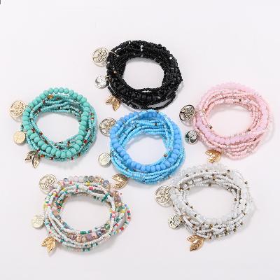 China Crystal Bead Stretch Layer Seed Bohemian Morale Handmade Stacked Beaded Bracelet Multi Beaded Bracelet Crystal Charm Set with Tree Leaf Charm for sale