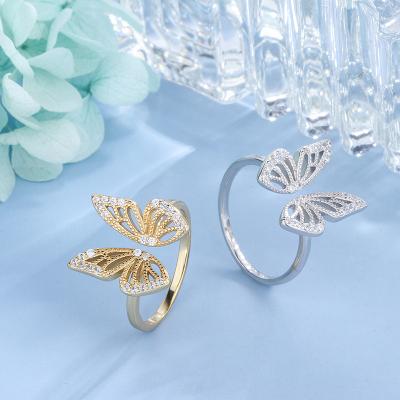 China BOHEMIA 925 Sterling Silver Gold Plated CZ Butterfly Ring S925 Adjustable Butterfly Opening Ring For Women for sale