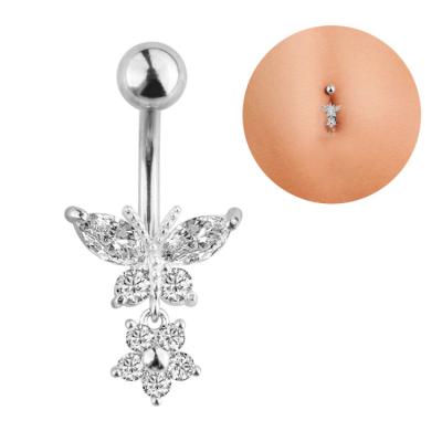 China FASHIONABLE New Designs Clear Zircon Stainless Steel Butterfly Belly Rings, Silver and Rose Gold Plated Butterfly Belly Button Ring for sale