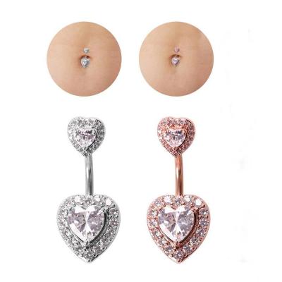 China TRENDY Belly Button Rings Double Zircon Heart Belly Button Rings Piercing Jewelry Stainless Steel Rose Gold Plated Surgical Steel for sale