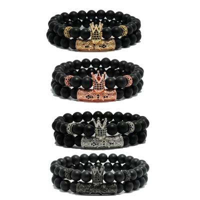 China FASHIONABLE Handmade Natural Stone Bead Bracelets 2pcs Micro Pave Black Onyx Bracelets Wholesale King Crown Bracelets Unisex Men for sale