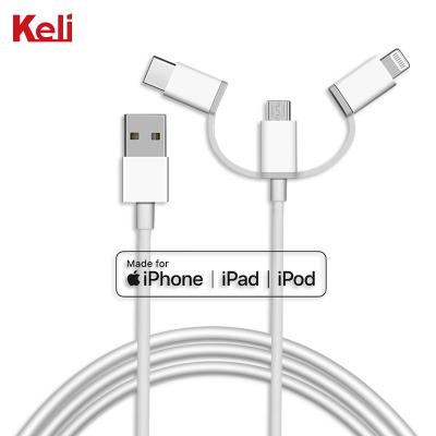 China Hot Selling MP3/MP4 Player MFI Certified 3 In 1 Micro USB Type C Lightning Left Charging Cable For Mobile Phone for sale