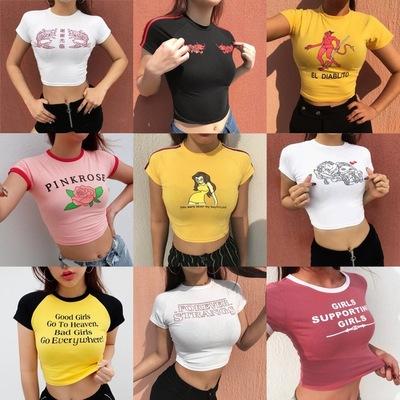 China QUICK DRY Amazon Blows Print Multi Style Tight Fit Cropped T-shirt Woman Letter Color Round Neck Top for sale