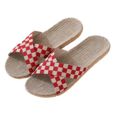 China Fashion Trend Plaid Cross Toe Linen Slippers Women's Summer Indoor Home Non-slip Couples Open Four Seasons Sandals for sale