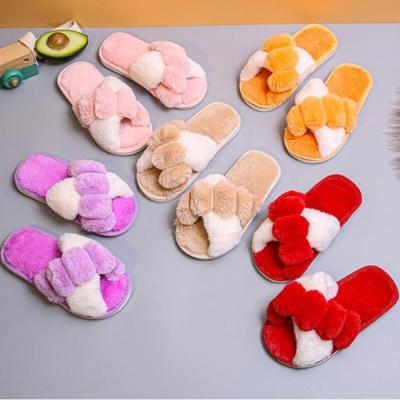 China Fashion Trend Plush Floor Slippers Cotton Parent-child Slippers Cute Home Indoor Open Crossed Cartoon Children's Fluffy Toe Shoes for sale