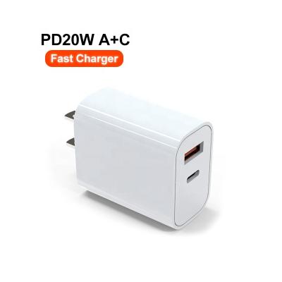 China Mobile Phone Factory Price PD20W Charging Block USB-A Type-C Port US Plug Wall Charger For Phone And Tablet for sale