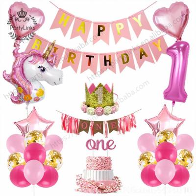 China One Year Birthday Party Paper Balloon Set Unicorn Flag Birthday Hat Cake Props Baby Display Balloons Aluminum Film Balloon Pull for sale