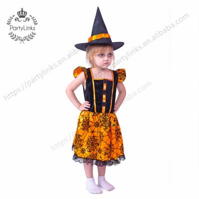 China Brand Halloween Girls Witch Costume Kid Dress Cobweb Lace Rainbow Baby Outfit Kids Party Clothes for sale