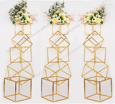 China Geometric Placed Metal Dubai Gold Square Wedding Pedestal Decoration Iron Props Road Advance T Station Events Supplies for sale